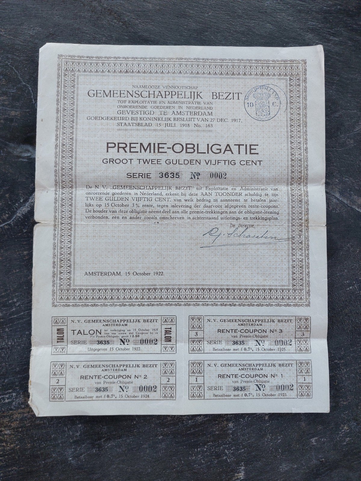 Premie-Obligatie Gemeenschappelijk Bezit 1922, Ophalen of Verzenden