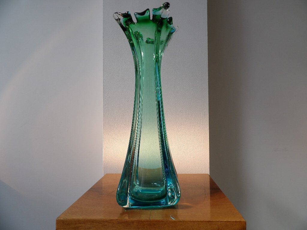 Murano Sixties hoge Vaas blauw/groen, Ophalen of Verzenden