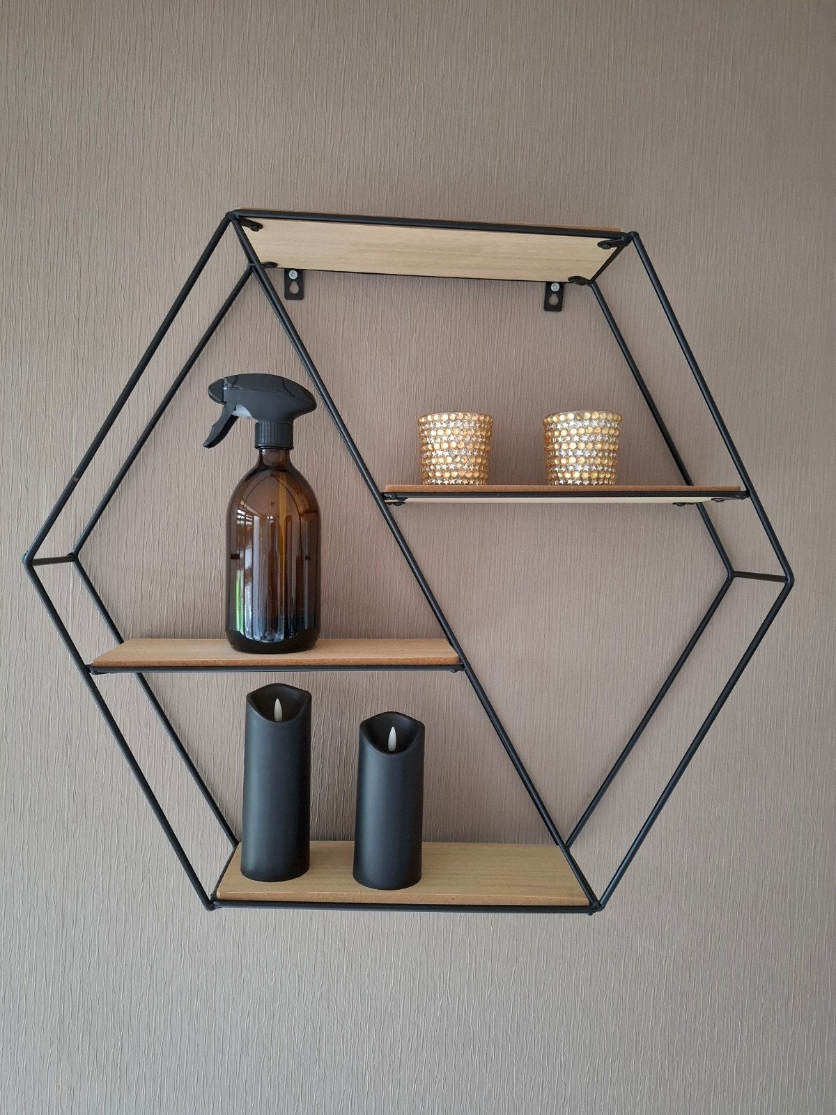 Wandrek Zwart Metaal Hout Hexagon 50x58 cm, Ophalen, Zo goed als nieuw