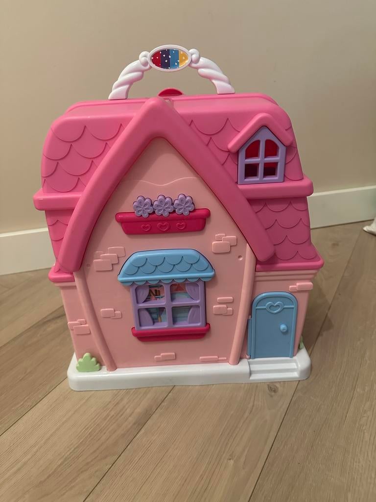 Roze poppenhuis met meubels en poppetjes, Ophalen of Verzenden, Gebruikt, Poppenhuis