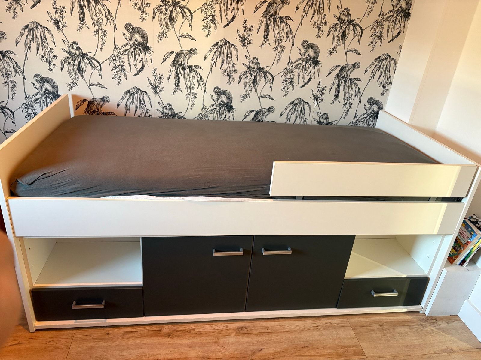 Halfhoogslaper met opbergruimte en kledingkast, Ophalen, 85 tot 100 cm, Gebruikt, Hoogslaper of Stapelbed