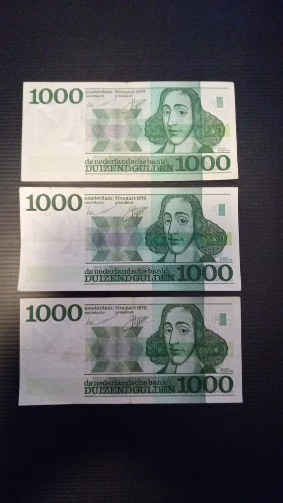 3x 1000 gulden 1972 Spinoza biljetten, Postzegels en Munten, Bankbiljetten | Nederland, Ophalen of Verzenden, 1000 gulden
