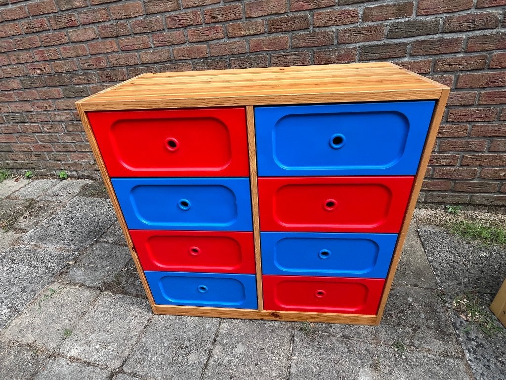 Vintage IKEA TROFAST 2008/2009 kast, 8 rode & blauwe laden, Ophalen, Gebruikt, Kast, 75 tot 100 cm