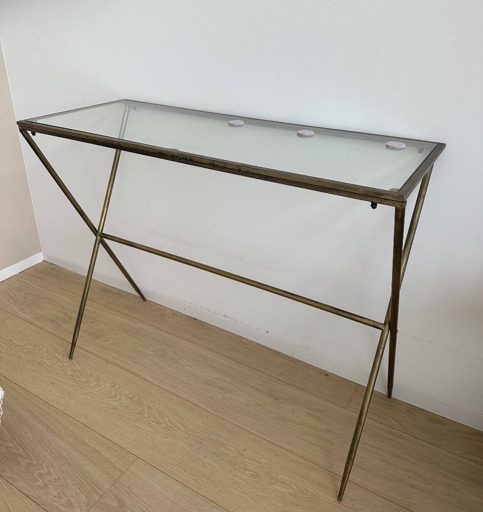 Sidetable, glas met brons, 100x40, Ophalen, Gebruikt, 100 tot 150 cm, Glas