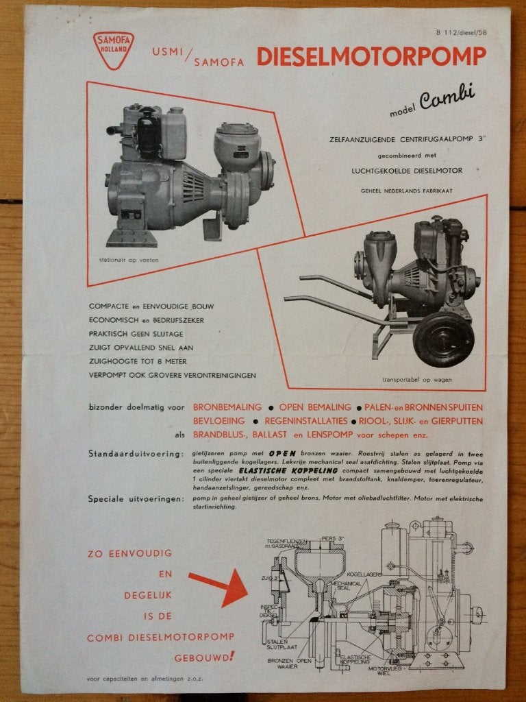 Fraaie folder SAMOFA / USMI Dieselmotorpompen Combi, Ophalen of Verzenden, Overige merken