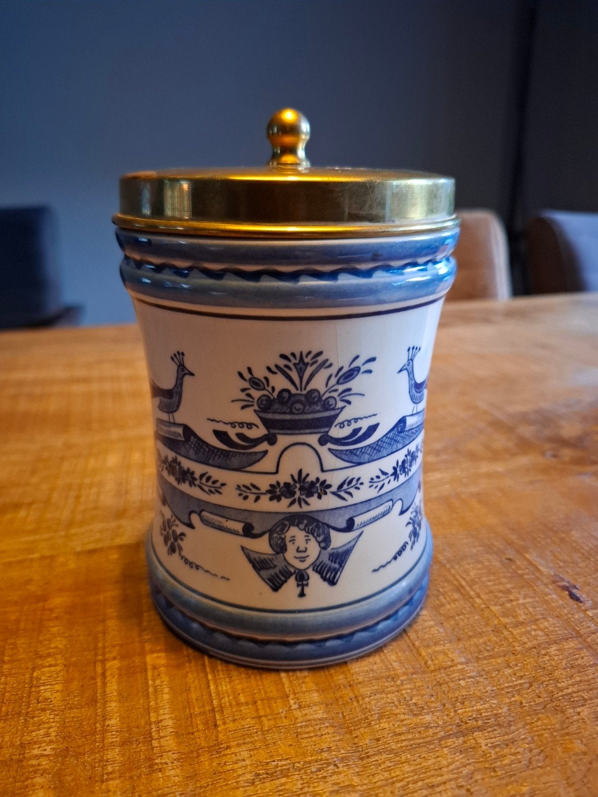 Vintage Delfts Blauwe Voorraadpot met Messing Deksel, Ophalen of Verzenden