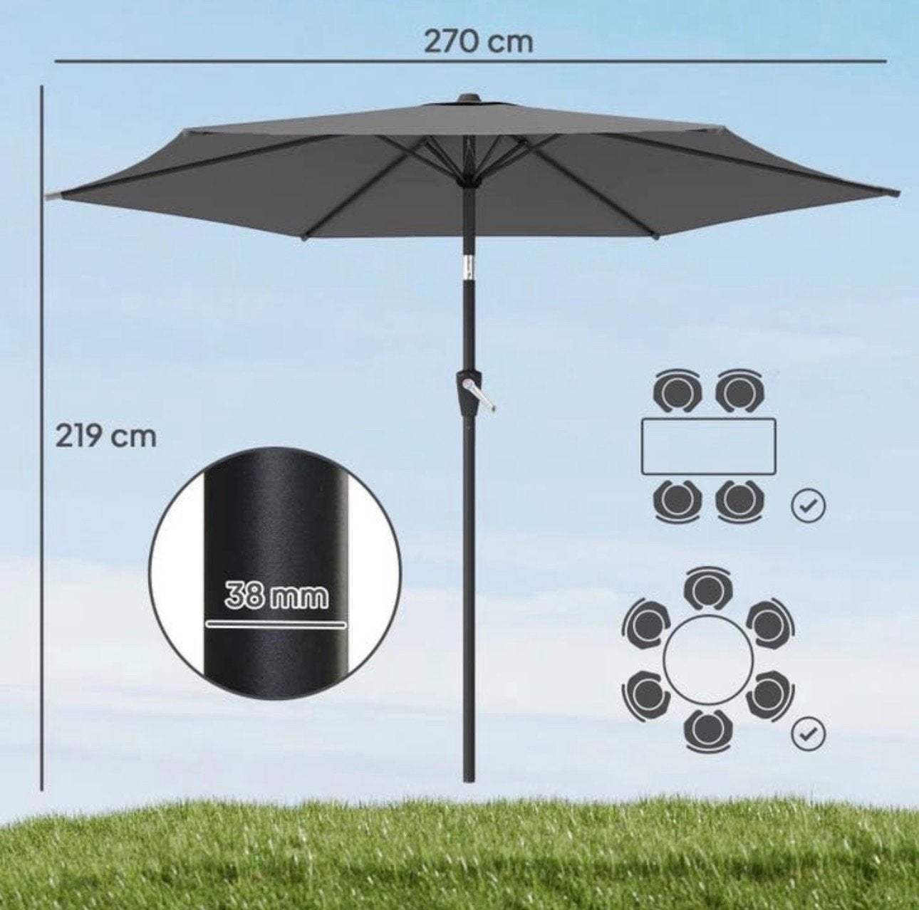 Parasol 2.7m Kantelbaar & Waterafstotend - Grijs nieuw, Tuin en Terras, Parasols, Kantelbaar, Nieuw, Stokparasol, 2 tot 3 meter