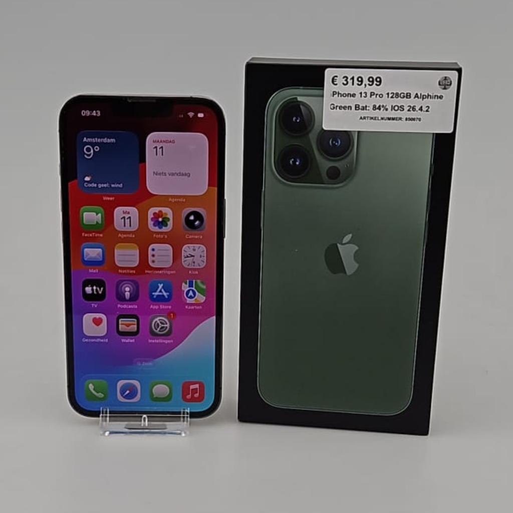 iPhone 13 Pro 128GB Alphine Green Bat: 84% IOS 26.4.2, Apple, Gebruikt, Support@apple.com, One Apple Park Way
Cupertino, CA 95014
United States