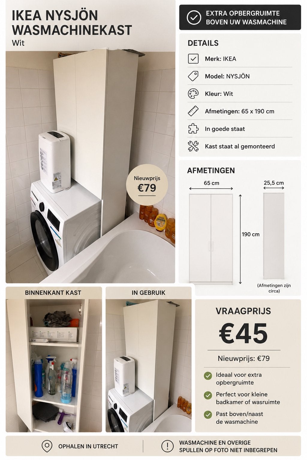IKEA NYSJÖN wasmachinekast wit – Extra opbergruimte, Huis en Inrichting, Kasten | Overige, Ophalen of Verzenden, Gebruikt