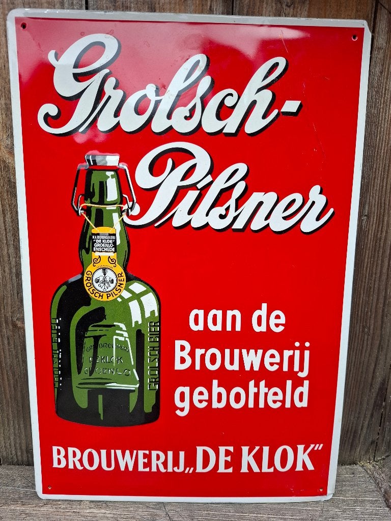 Zeldzaam reclamebord Grolsch Pilsner - Brouwerij De Klok, Ophalen of Verzenden, Nieuw, Reclamebord, Plaat of Schild, Grolsch
