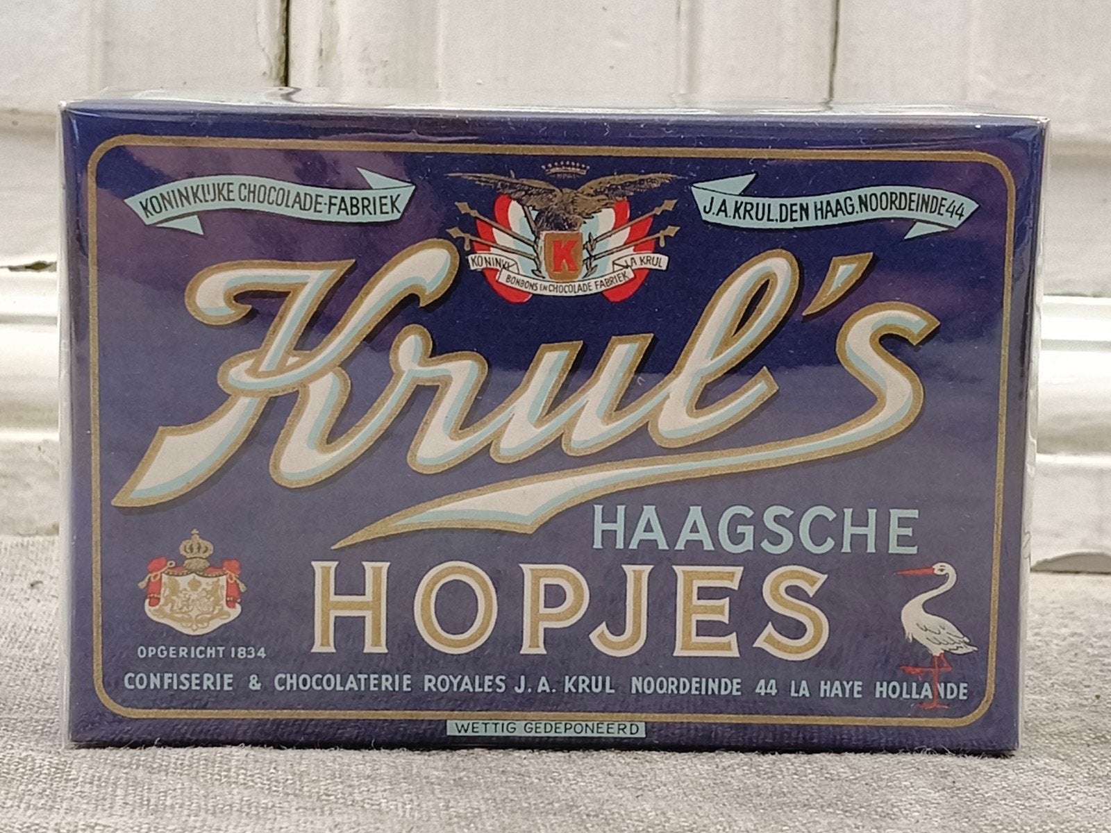 oud doosje Krul's Haagsche Hopjes, groot, Ophalen of Verzenden, Gebruikt, Verpakking