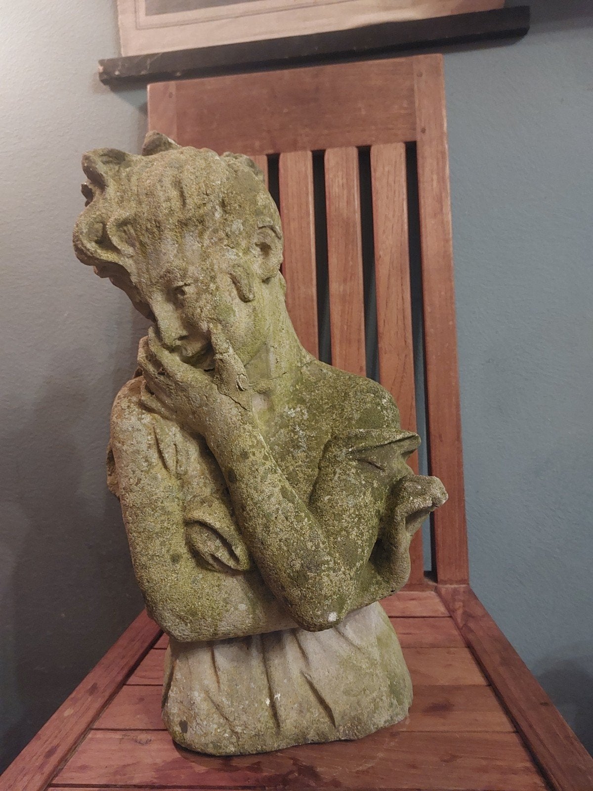 Antieke Franse tuinbuste jonge vrouw ca. 1910-1920 – patina, Ophalen, Gebruikt