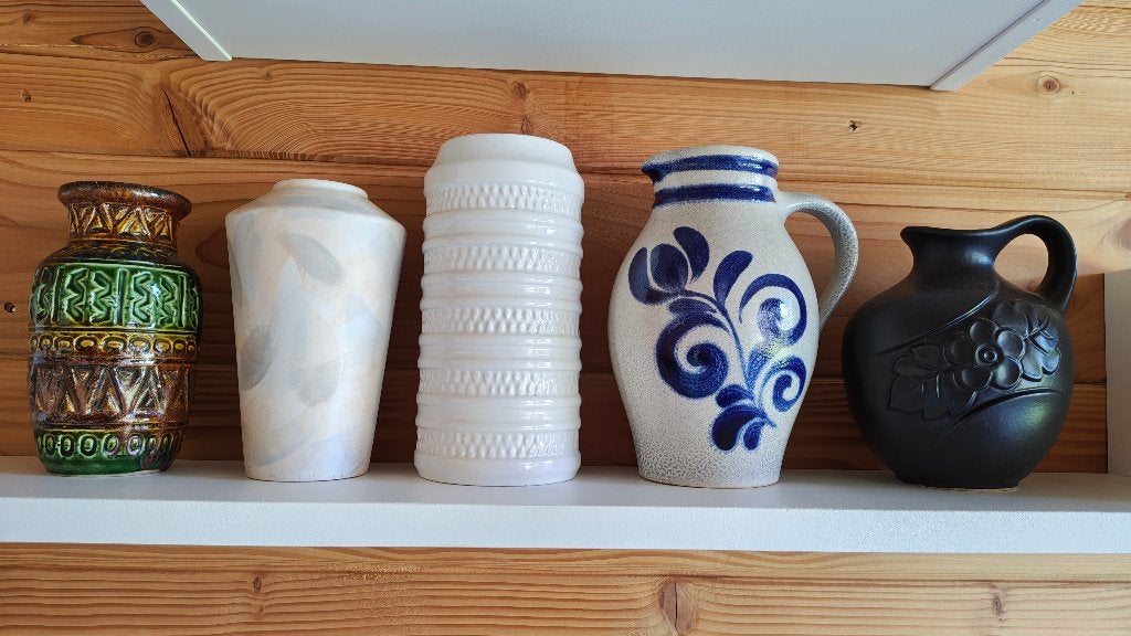 West Germany 9 stuks, 5 vaasjes en 4 bloempotten, Huis en Inrichting, Woonaccessoires | Vazen, Gebruikt, Overige kleuren, Steen/keramiek
