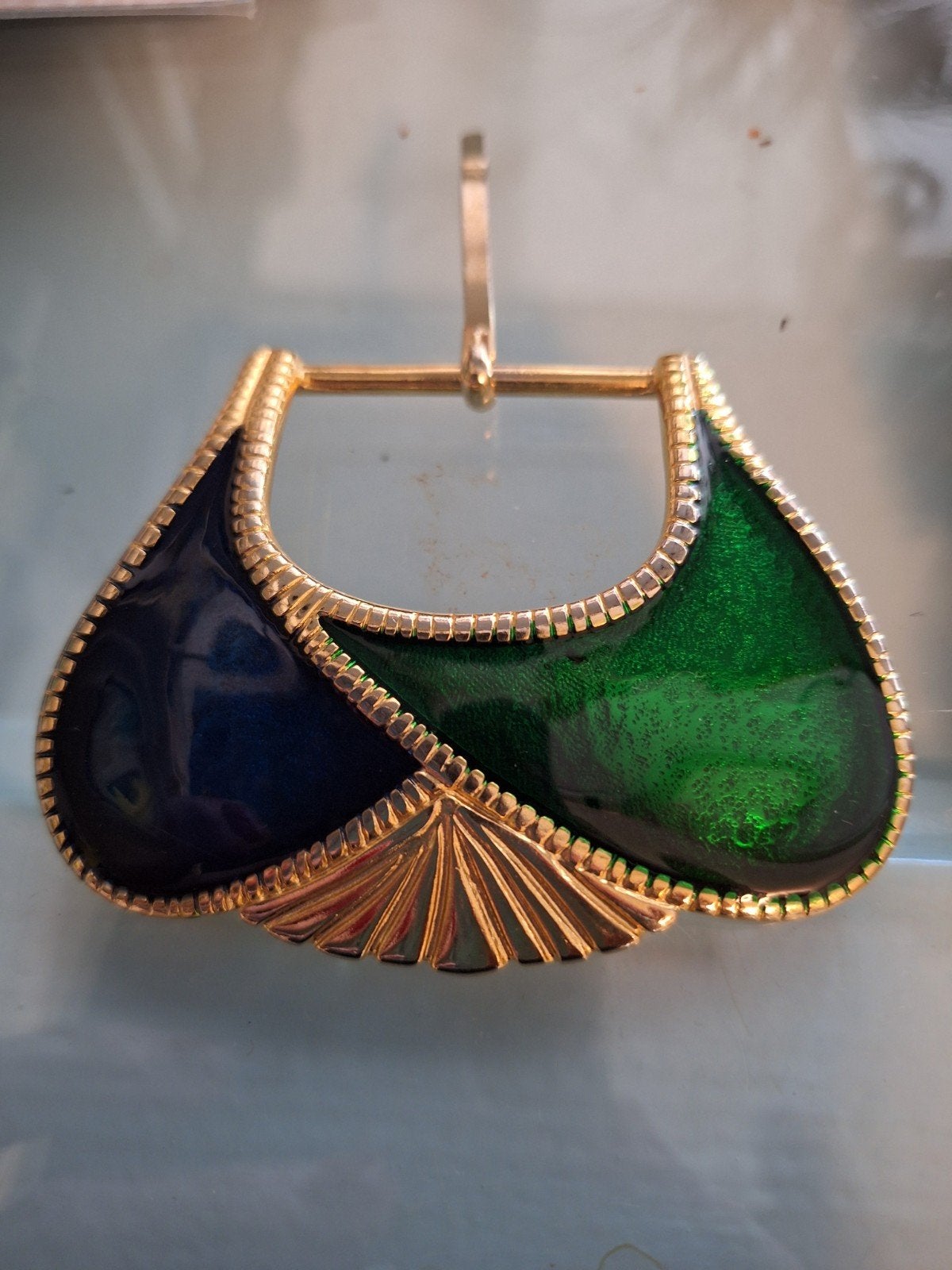 Gesp Art Deco vintage messing groen blauw emaille groot, Overige materialen, Gebruikt, Ophalen of Verzenden, Goud