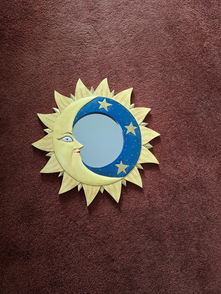 Vintage houten spiegel zon/maan, Huis en Inrichting, Woonaccessoires | Spiegels, Minder dan 50 cm, Rond, Ophalen of Verzenden