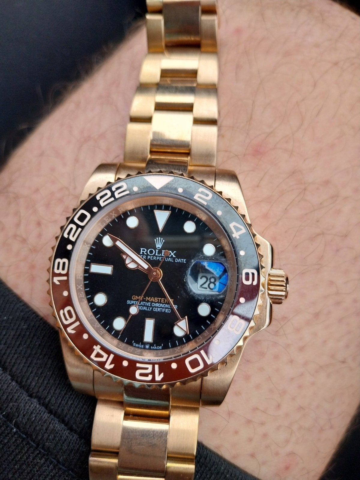 Rolex GMT-Master II Roségoud Zwart Bruin Horloge, Sieraden, Tassen en Uiterlijk, Horloges | Heren, Gebruikt, Rolex, Polshorloge