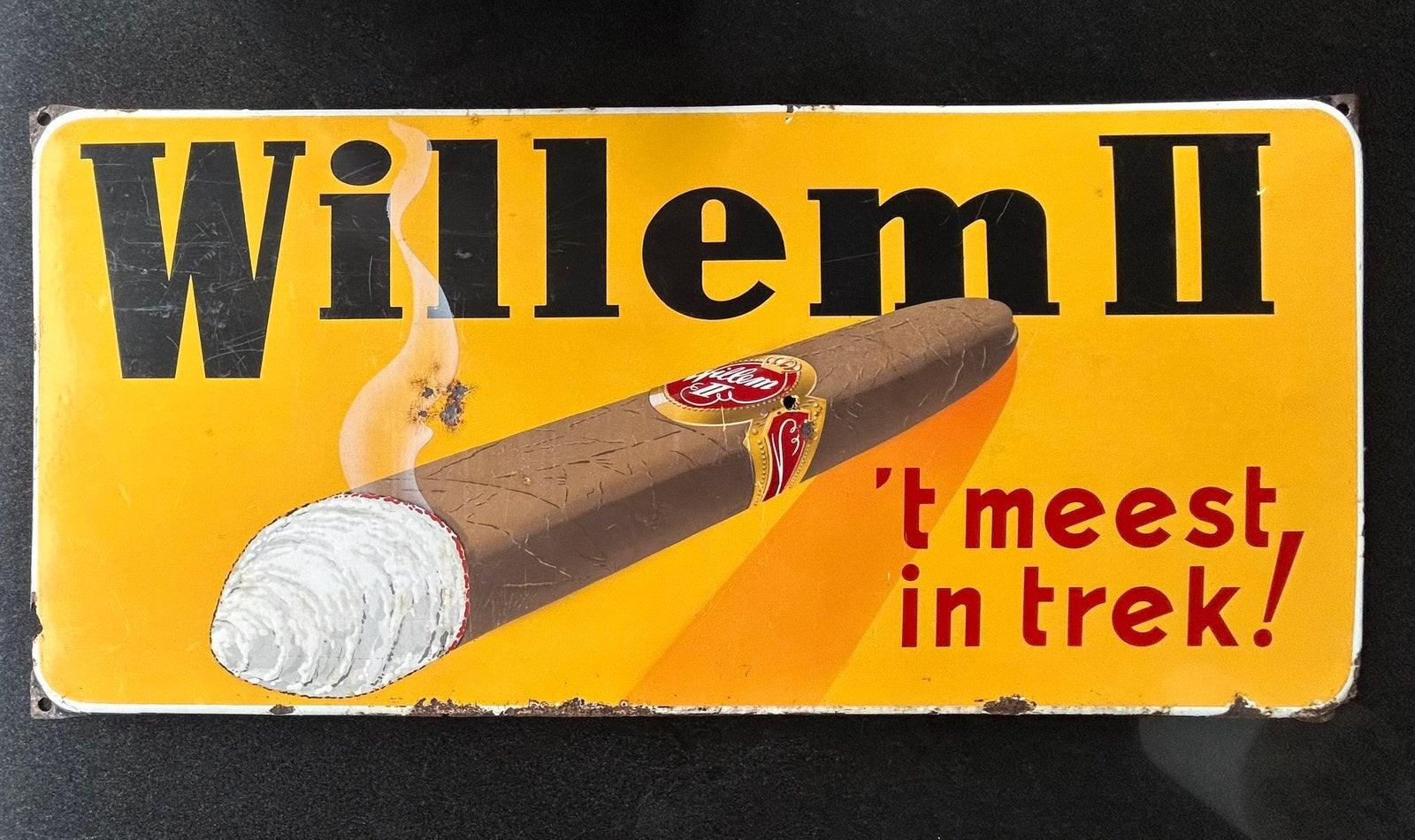 Willem 2 sigaren valkenswaard emaille bord langcat, Ophalen, Gebruikt, Reclamebord