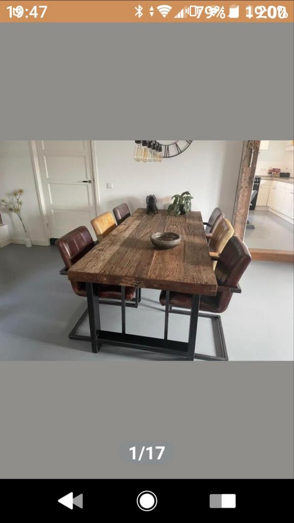 Ruige grote eetkamertafel met 6 leren stoelen. "STAMTAFEL"., Ophalen, Gebruikt, 4 tot 6 stoelen
