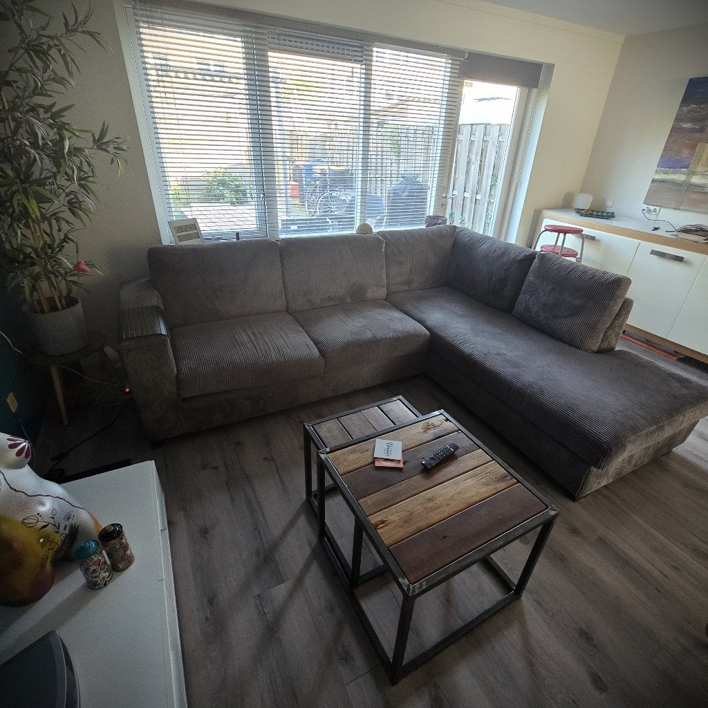 Grijze Ribstof Hoek/Loungebank, Ophalen, 250 tot 300 cm, Gebruikt, Modern en relaxt