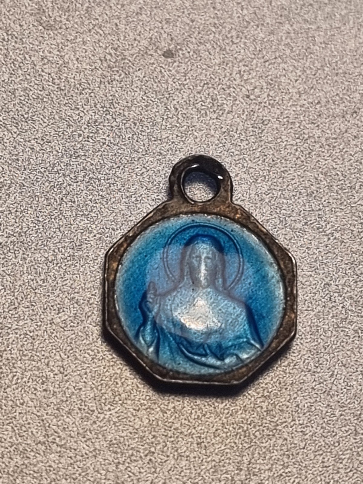 Vintage Medaillon Jezus & Maria met Kind - Blauw Emaille, Ophalen of Verzenden