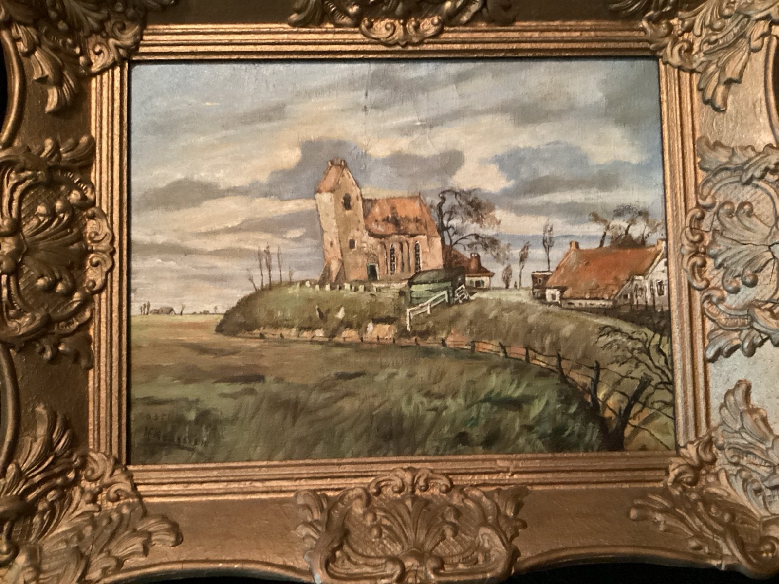 Schilderij Kerkje van Oostum door I.E. Roossien (ca. 1930-1, Ophalen of Verzenden