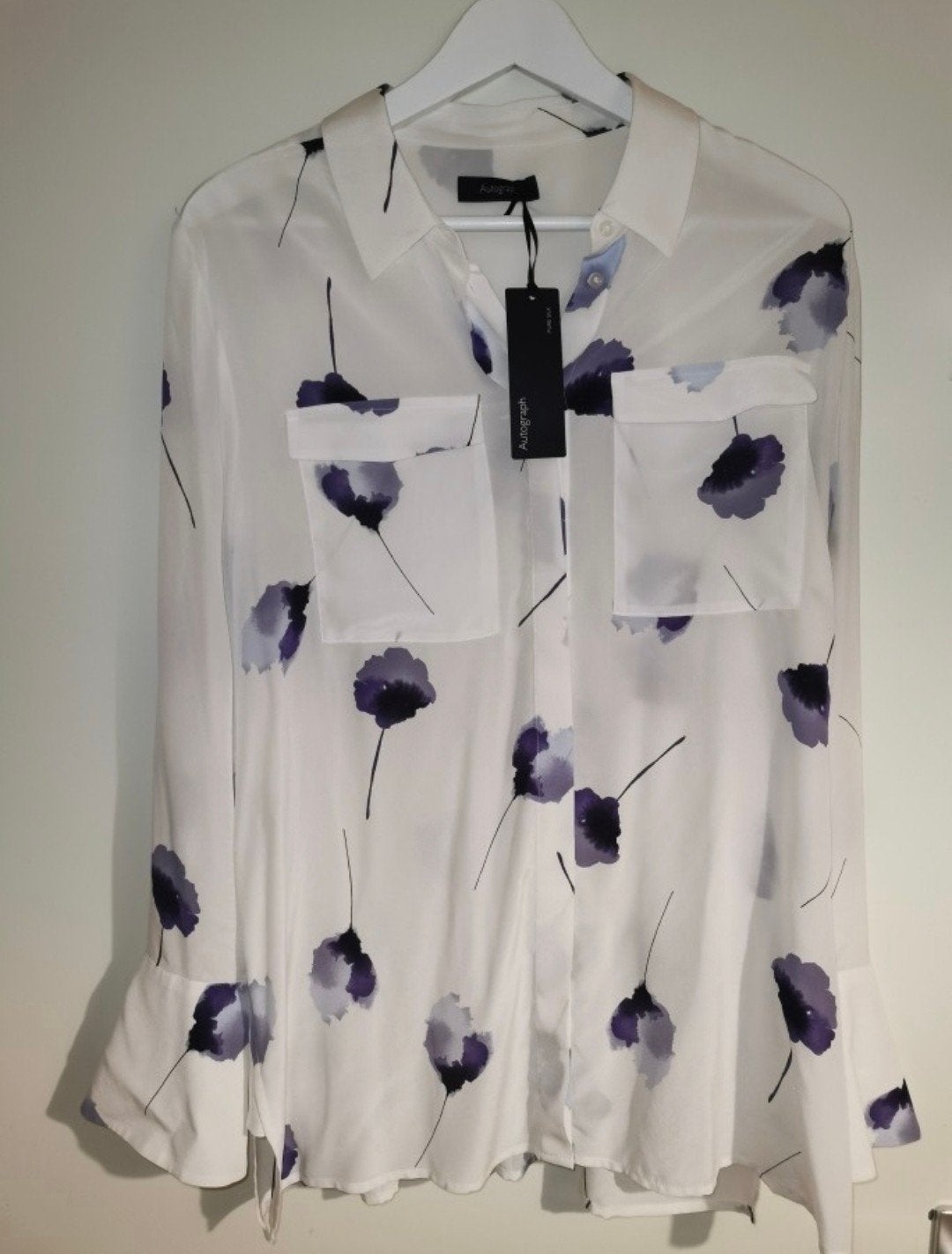 100% zijde blouse NIEUW Wit Paars Bloem Mt 44 M&S Autograph, Ophalen of Verzenden, Nieuw, Maat 42/44 (L)