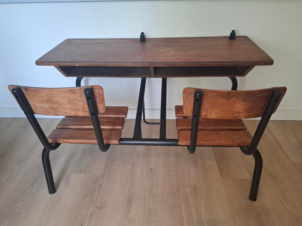 Vintage opgeknapt industriëel Frans schoolbankje, Ophalen