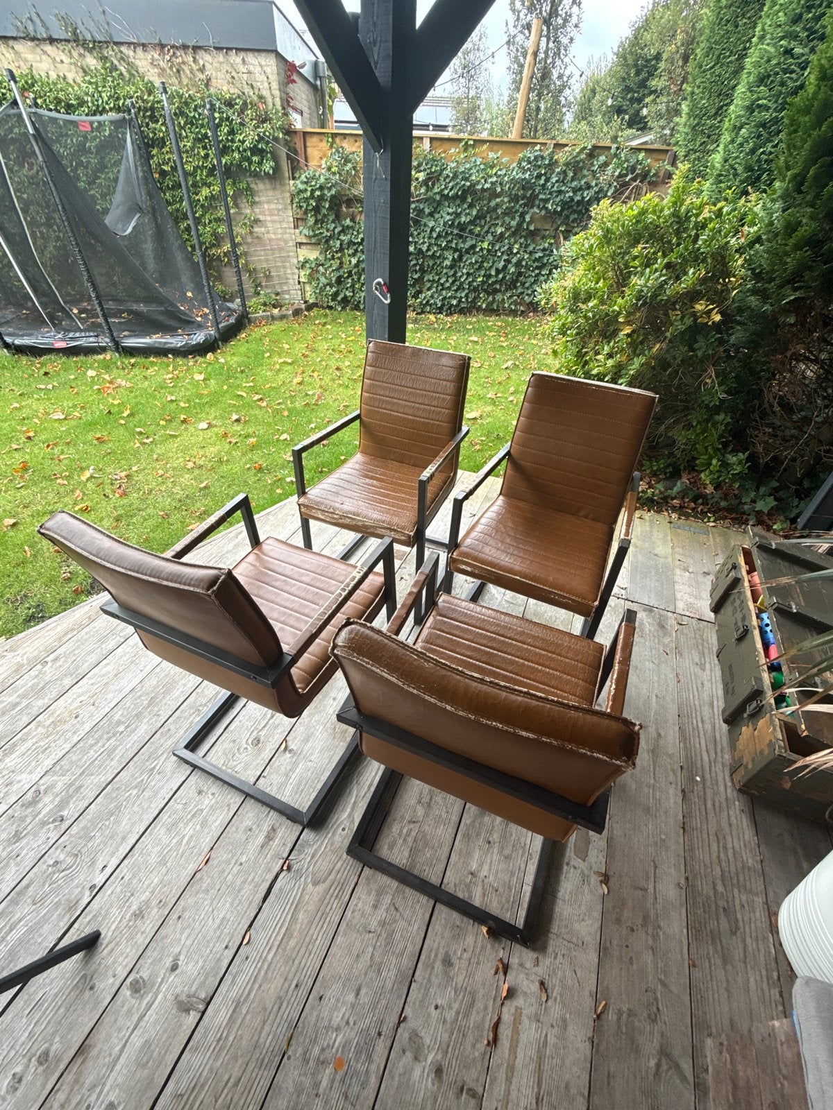 Set van 6 bruine leren stoelen met metalen frame, Ophalen, Gebruikt, Bruin, Leer