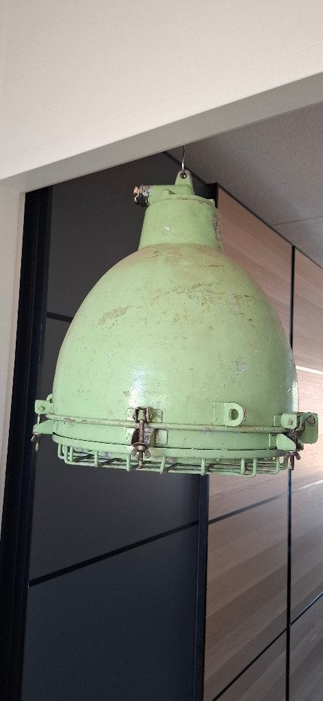 Grote Vintage Industriële Fabriekslamp Mintgroen 52cm, Ophalen of Verzenden