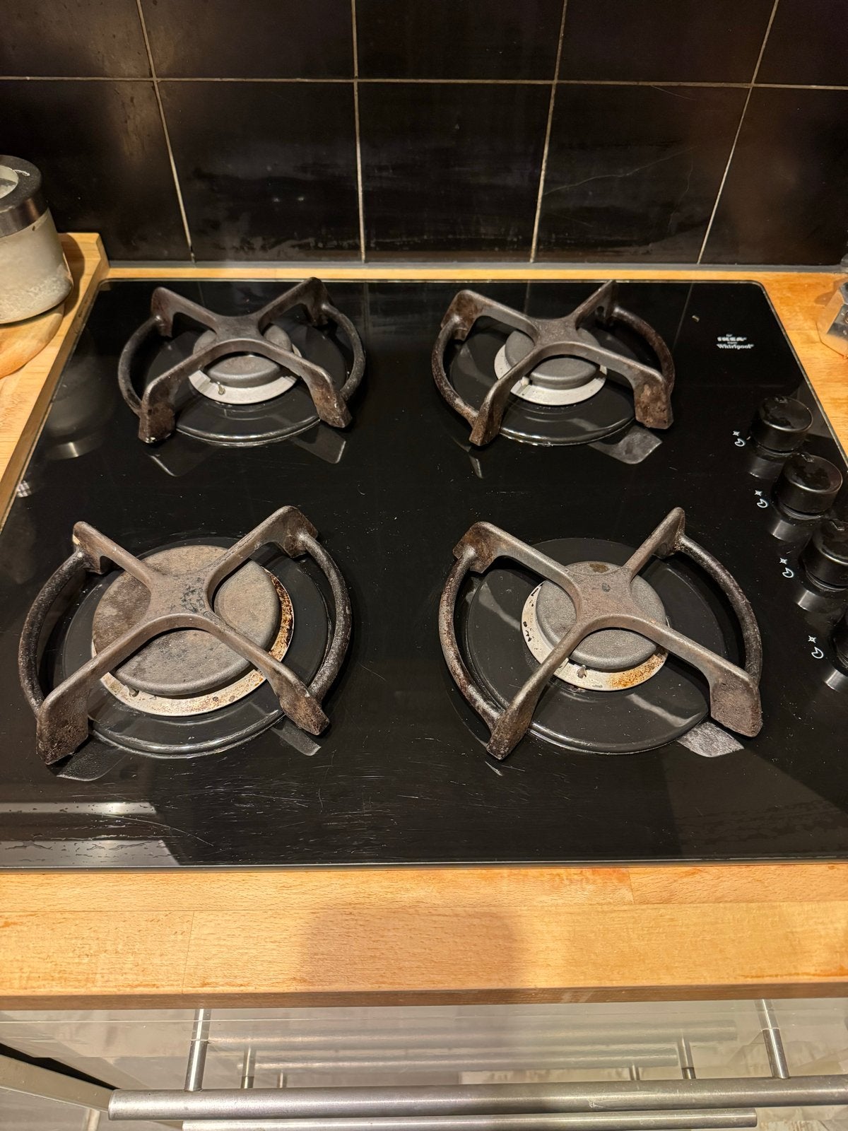 Black glass gas hob with 4 burners, Ophalen, Gebruikt, 4 kookzones, Inbouw