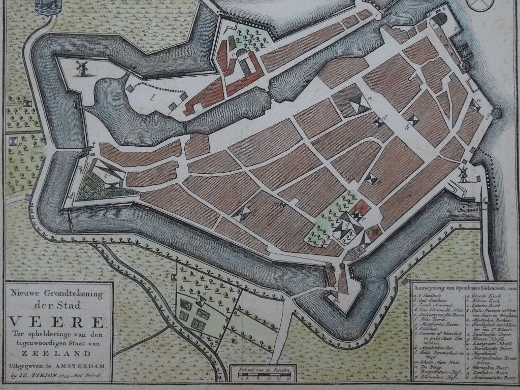 gravure kleur Nieuwe grondtekening stad Veere, Tirion 1753, Verzenden, Cartografie, Gravure, 1700 - 1799