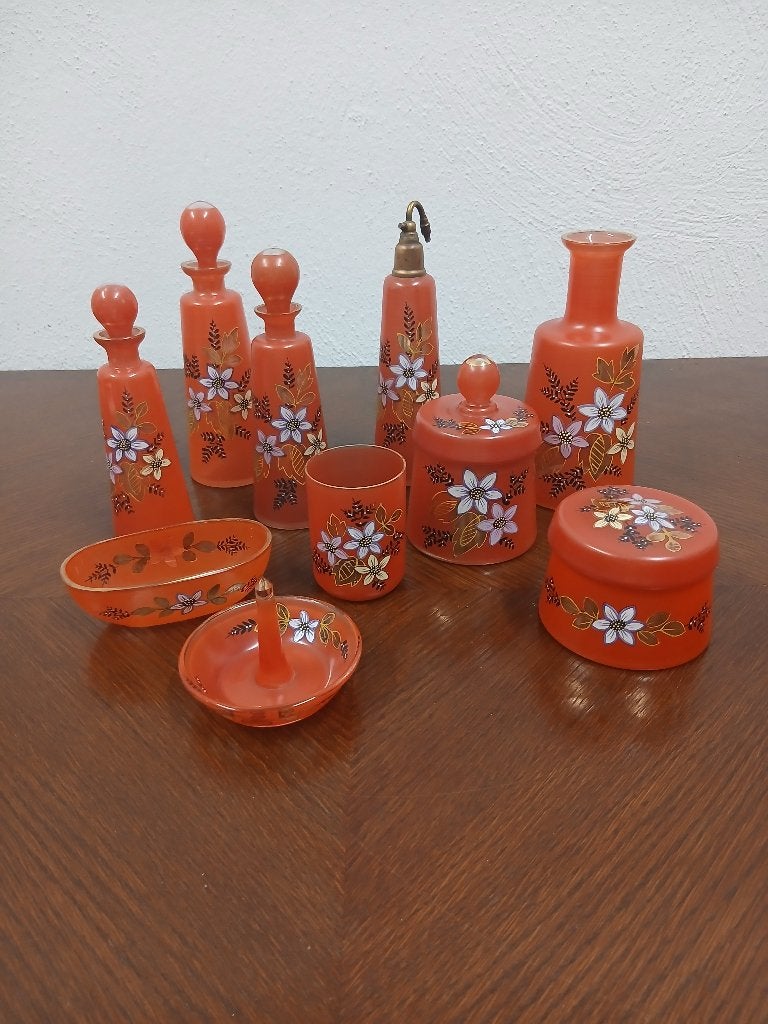 Uniek & compleet 10-Delig vintage toiletset in satijnglas, Ophalen of Verzenden