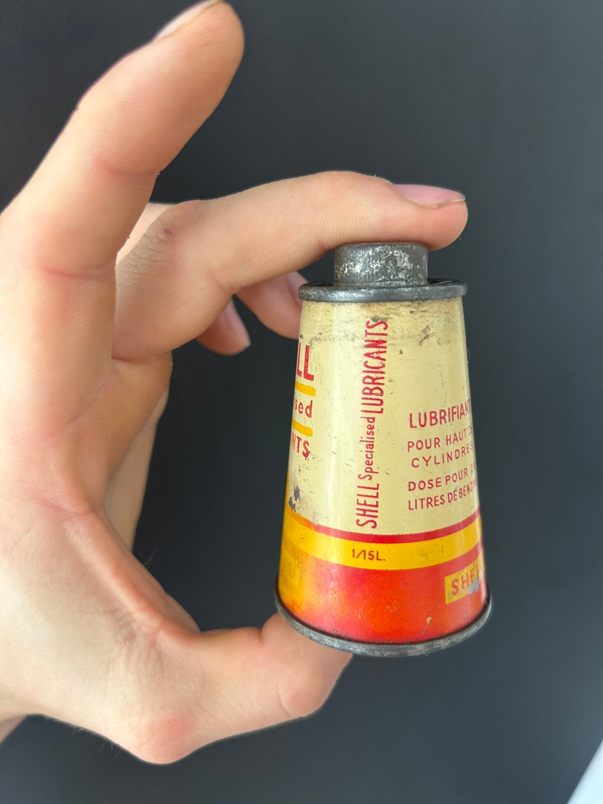 Olie blik conical Shell donax u FULL olieblik oil can huile, Verzamelen, Ophalen of Verzenden, Gebruikt, Overige
