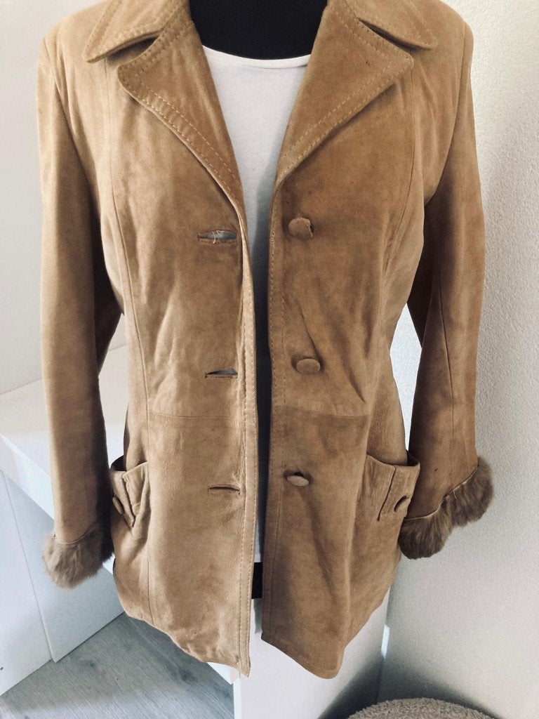 Camel bruine suède leren driekwart jas dames vintage 42 L, Ophalen of Verzenden, Zo goed als nieuw, Maat 42/44 (L), Bruin
