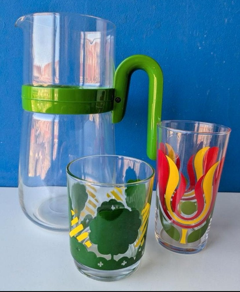 Retro sap- of waterkan en glazen, Glas of Glazen, Gebruikt, Ophalen of Verzenden, Glas