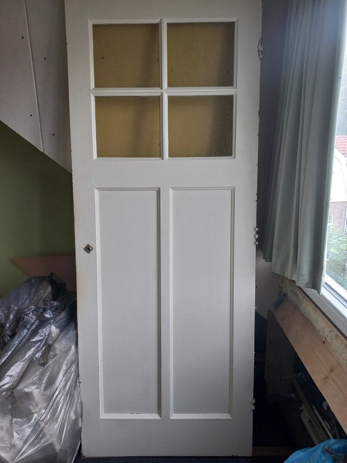 Witte binnendeur met glaspanelen en klink, Ophalen, Gebruikt, 80 tot 100 cm, Binnendeur