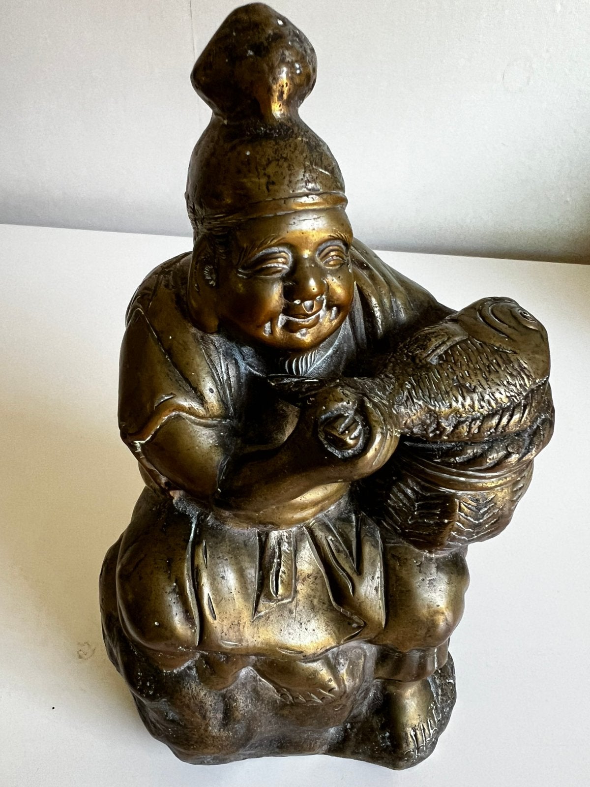 Japans Bronzen Monnik met Karper Geluksgod Daikokuten 1900, Japan, Ophalen of Verzenden, Beeld, Brons