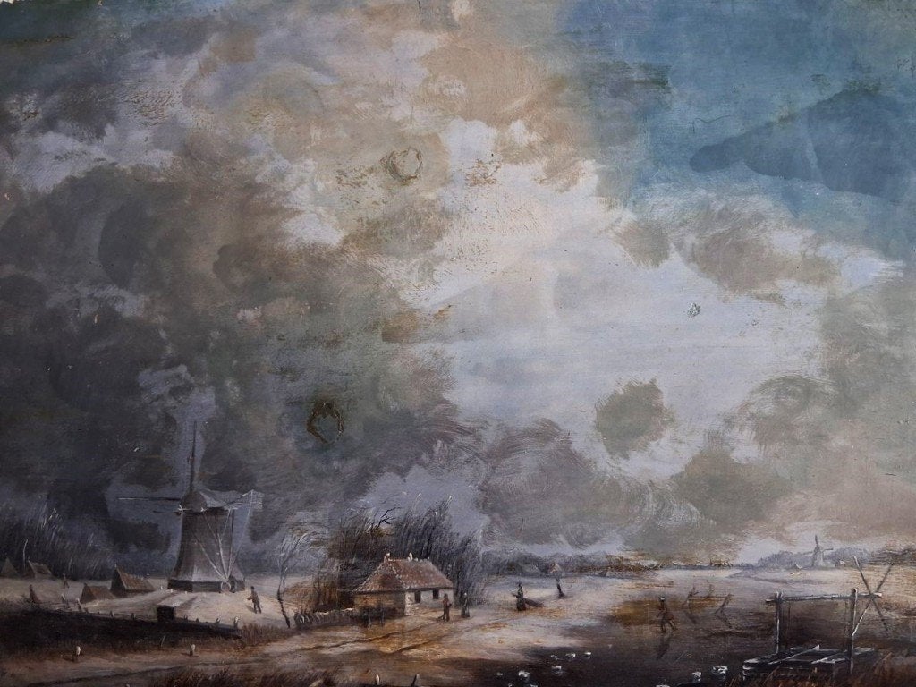 Wie is t? 18e /19e eeuws wintergezicht op paneel, Paneel, Ophalen of Verzenden, Landschap, Olieverf