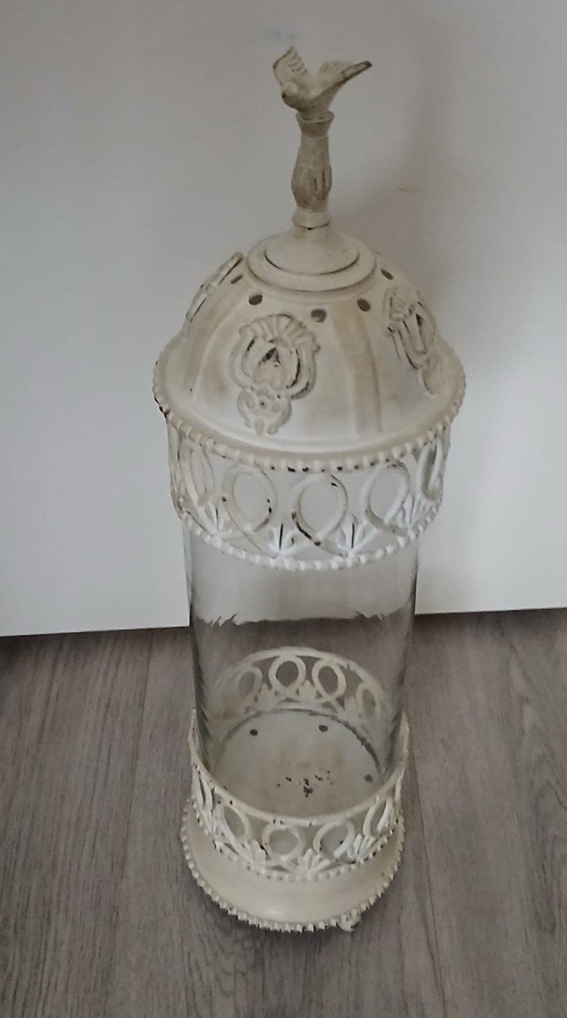 creme kleurige windlicht/kaarsenhouder met vogel H 50 cm, Metaal, Ophalen, Gebruikt