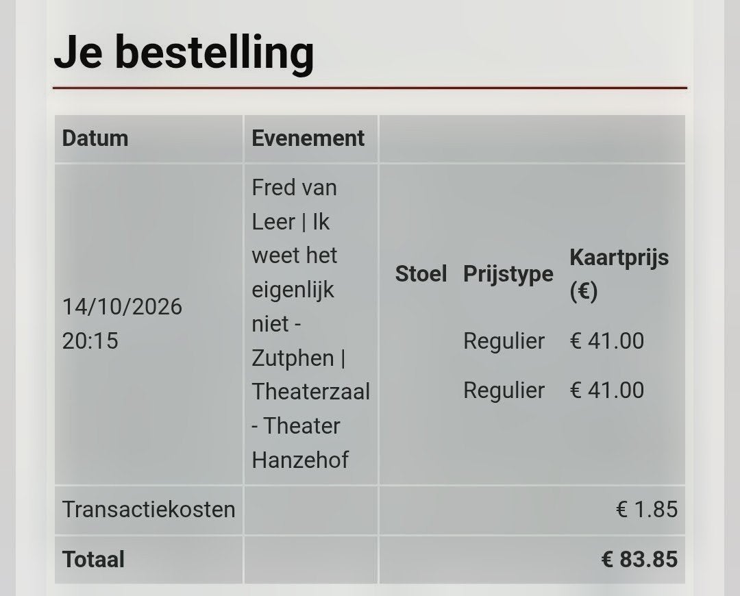 2 Tickets Fred van Leer 14-10-26 Zutphen, Tickets en Kaartjes, Twee personen