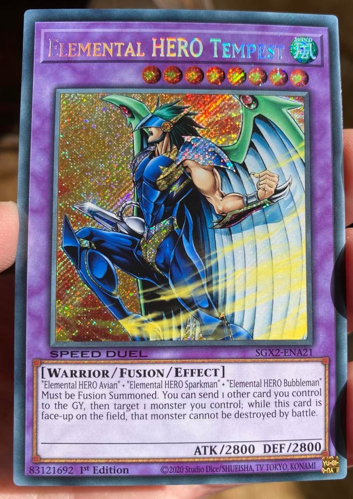 Yu-Gi-Oh! Elemental HERO Tempest SGX2 1st Edition !, Ophalen of Verzenden, Zo goed als nieuw, Losse kaart, Foil