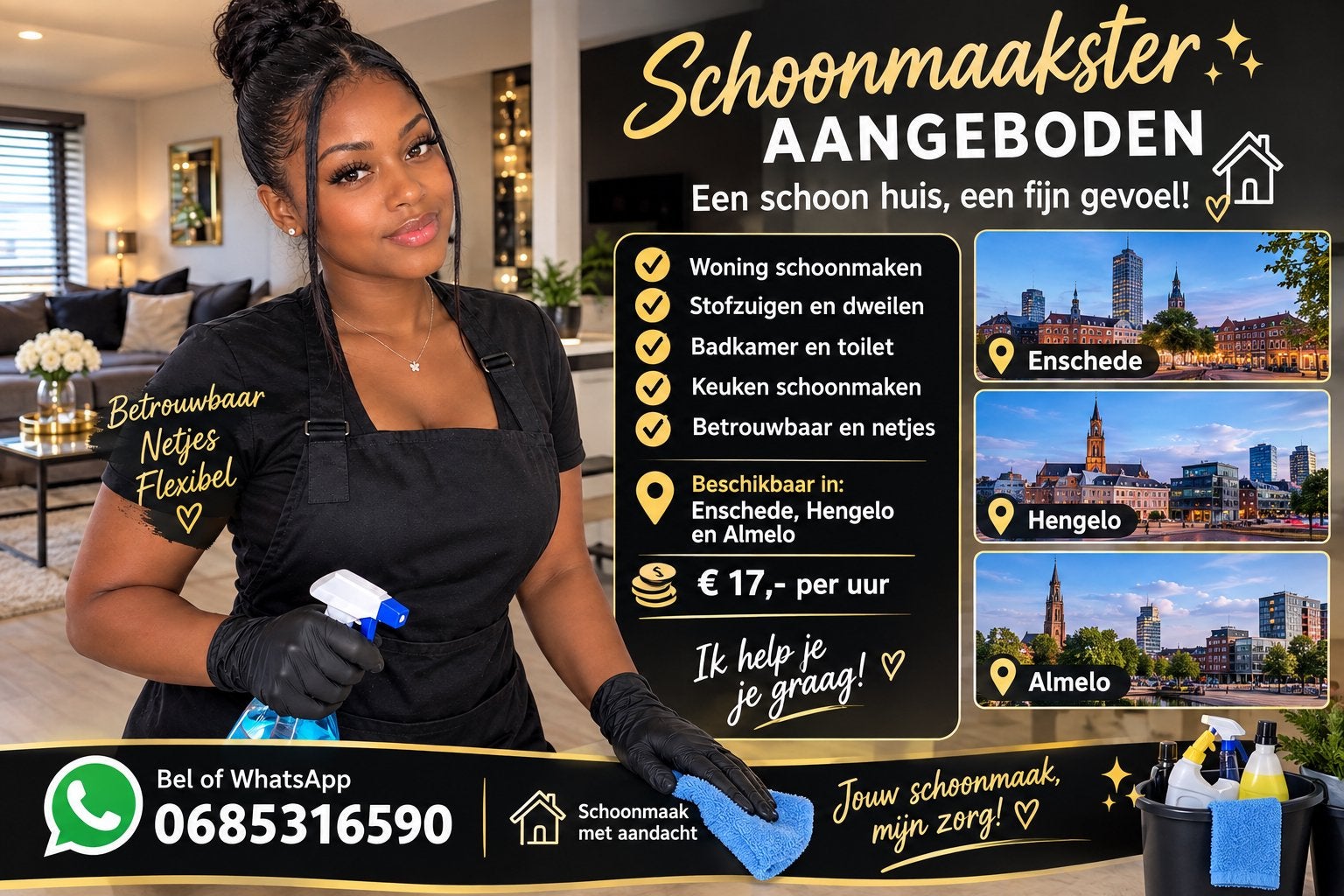 schoonmaakster aangeboden Enschede Hengelo Almelo, Huis en Inrichting, Ophalen of Verzenden