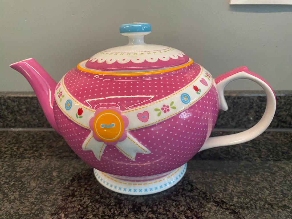 Roze theepot met stippen en bloemen van lief!, Theepot/fluitketel, Ophalen of Verzenden, Zo goed als nieuw, Roze
