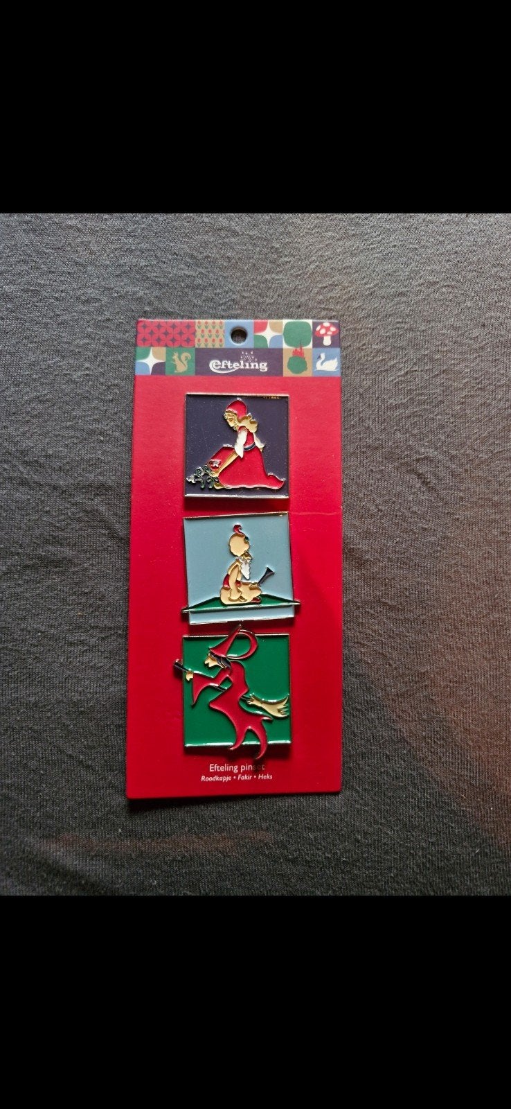 Efteling pins set: Roodkapje, Fakir, Heks, Verzamelen, Verzenden, Nieuw, Button of Speldje