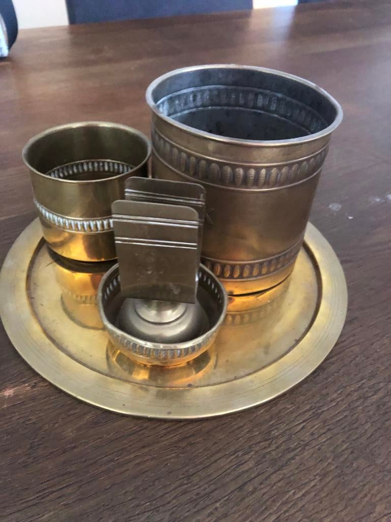 Vintage koperen bureau set met tabakspot, Ophalen of Verzenden, Koper