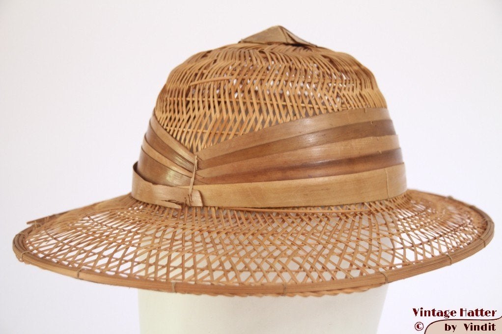 Vintage Open safari hoed stro en hout 55 - 56 unisex, Ophalen of Verzenden, Gebruikt, Handschoenen, Hoed of Pet