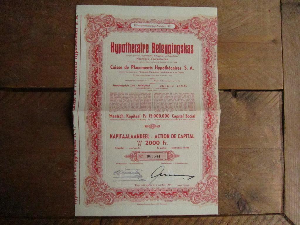 Decoratief aandeel Hypothecaire Beleggingskas uit 1944, Postzegels en Munten, Aandelen en Waardepapieren, Ophalen of Verzenden