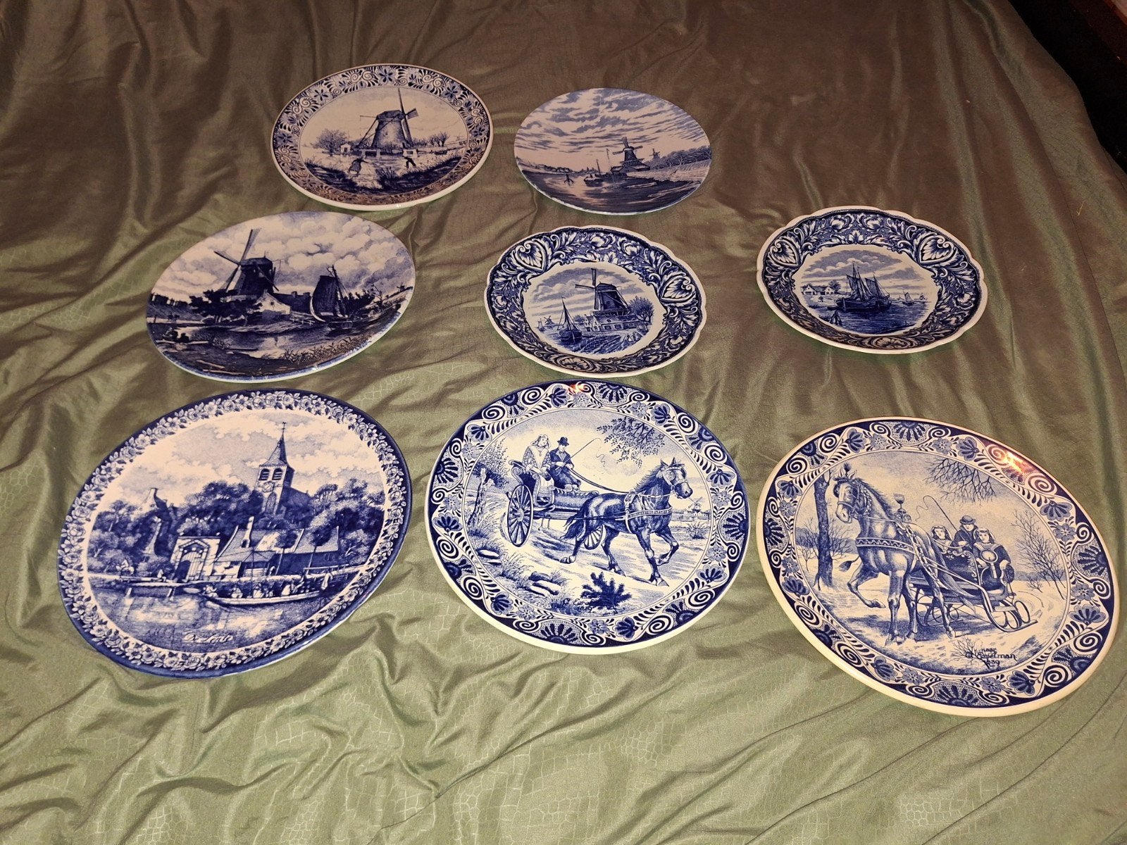 Set 8 Delftsblauwe sierborden met molens en Hollandse taf, Antiek en Kunst, Antiek | Wandborden en Tegels, Ophalen