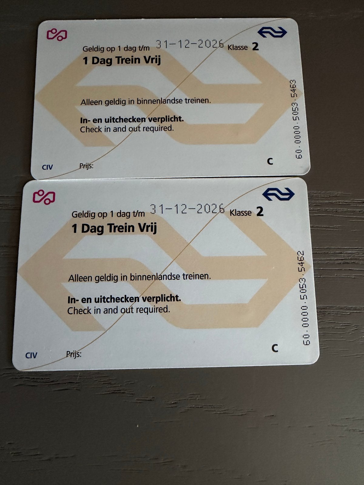 NS treinkaartje / dagkaart 2 stuks : 1 dag trein vrij, Eén persoon, Trein, Algemeen kaartje