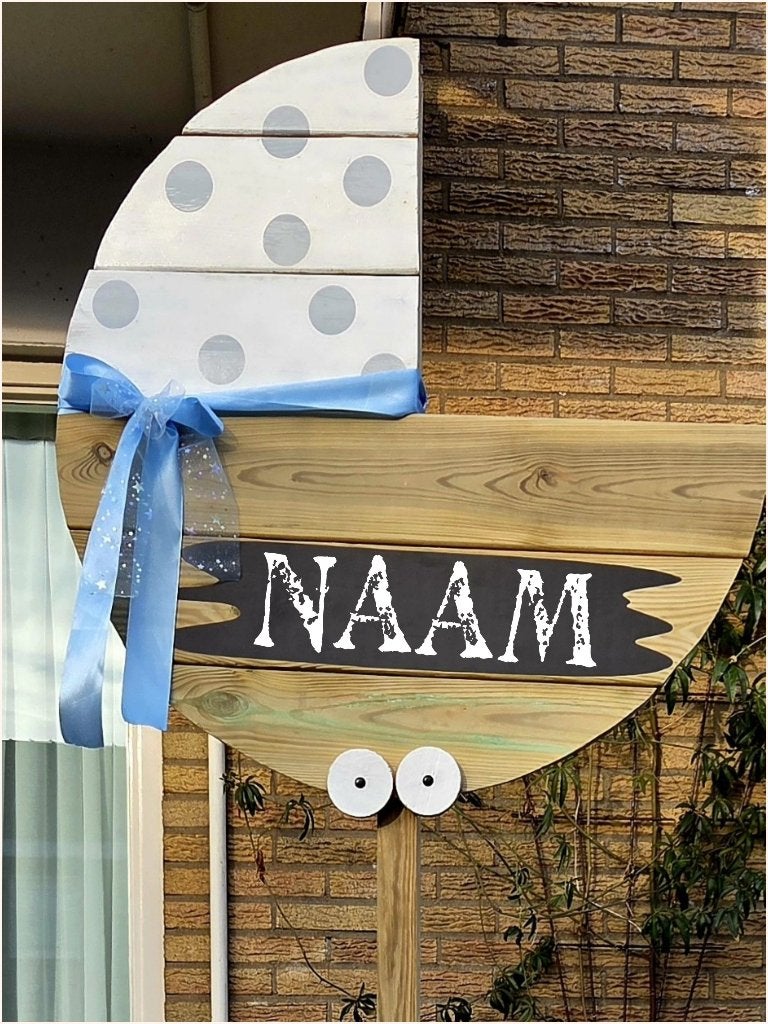 Geboortebord Kinderwagen met Grote Blauwe Strik & Naambord, Ophalen of Verzenden, Nieuw, Geboortebord